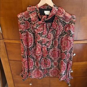 Kate Spade Women's Red and Black Patterned Blouse with gold accents size  XL